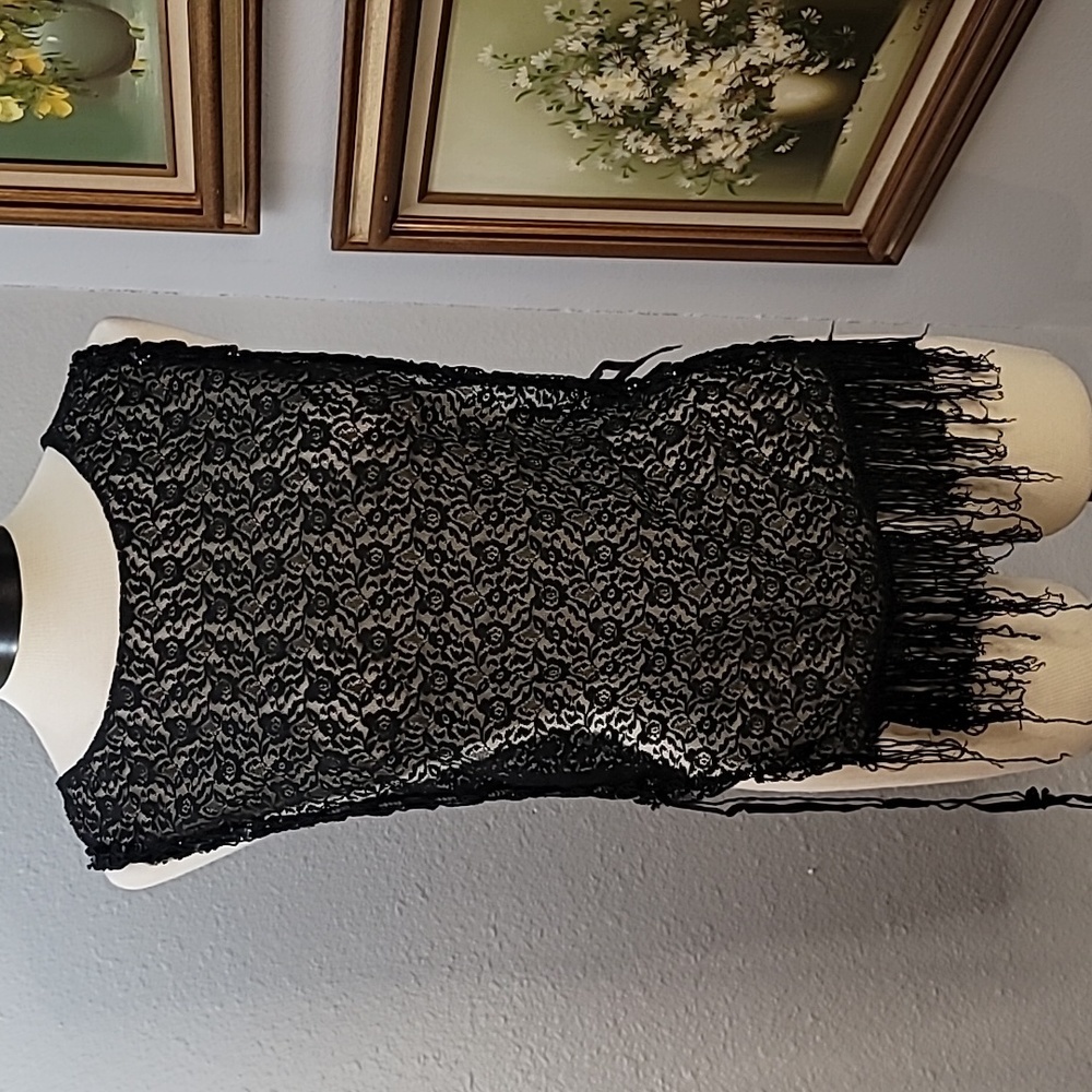 Black lace vest  one size sheer fringe festival feminine sexy